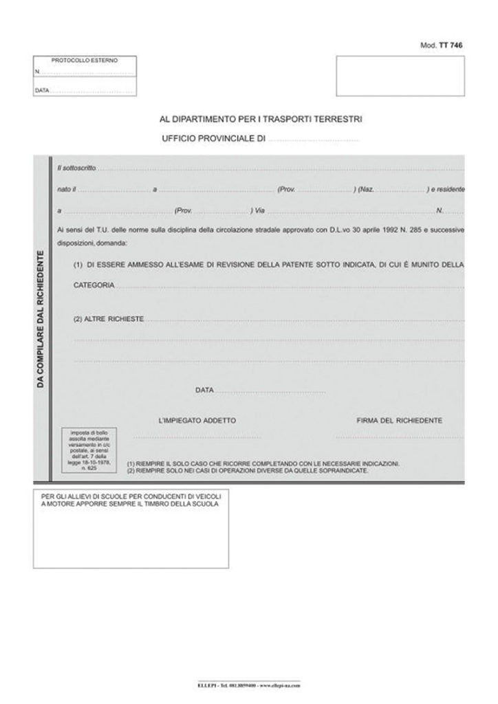 Modulo TT 746 per revisione patente